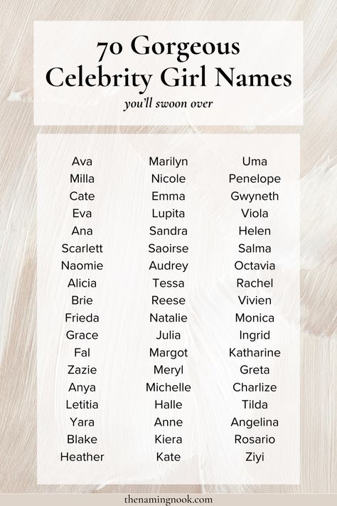 60 Pretty & Glamorous Hollywood-Inspired Baby Girl Names. Click through for the beautiful and unique celebrity girl names strong Hollywood actresses. Girl name aesthetic, celebrity names, unusual girl names Celebrity Girl Names, Unique Names For Girls, Unusual Girl Names, Girl Name Ideas, Exotic Baby Names, Name Aesthetic, Girl Names Unique, Name Girl