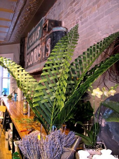 Must learn palm leaf weaving! | Florist Palm Leaf Weaving, Leaf Weaving, Palm Sunday Decorations, Foliage Arrangements, Palm Leaf Art, Palm Frond Art, Flax Weaving, Sogetsu Ikebana, Coconut Leaves