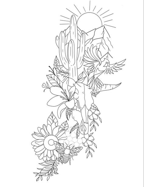 Half Sleeve Tattoos For Women Outline, Women Line Work Tattoo, Floral Cactus Tattoo, Western Tattoos With Turquoise, Flower Western Tattoo, Women Half Sleeve Tattoo Ideas Unique, Country And Western Tattoos, Spine Tattoo Western, Western Aztec Tattoo