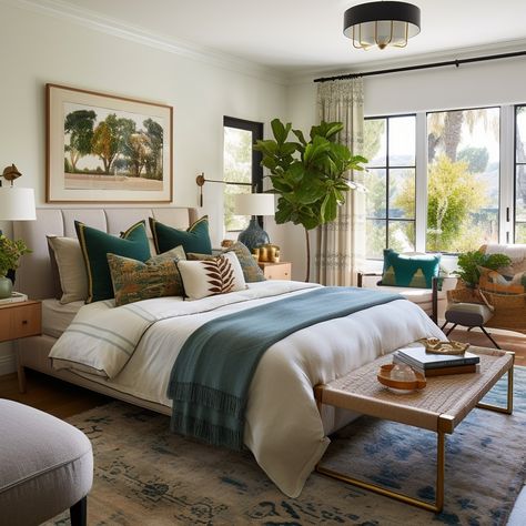 Blue and Green should always be seen. An enduringly popular colour scheme, adding calming blues and greens to your home decor is a sure-fire winner in the decor stakes! #plushdesigninteriors #bluedecorideas #greendecorideas #blueandgreen #dontcallmepenny Blue Gray Green Bedroom, Light Blue And Dark Green Bedroom, Moody Blue Green Bedroom, Blue And Green Bedrooms Master, Blue Tan Bedroom, Bedroom Green Blue, Green And Blue Bedroom Aesthetic, Green Blue Interior Design, Blue And Green Bedroom Aesthetic