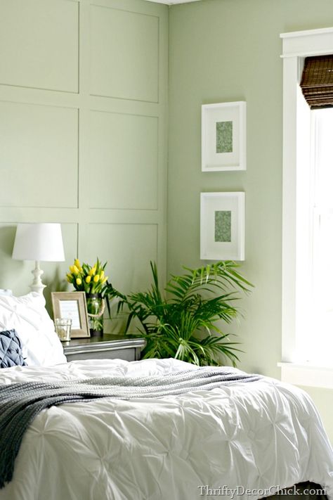 Spring Green Paint Colors, Apartment Refresh, Light Green Bedrooms, Green And White Bedroom, Green Bedroom Walls, Green Bedroom Design, Light Green Walls, Green Painted Walls, Studio Vibes