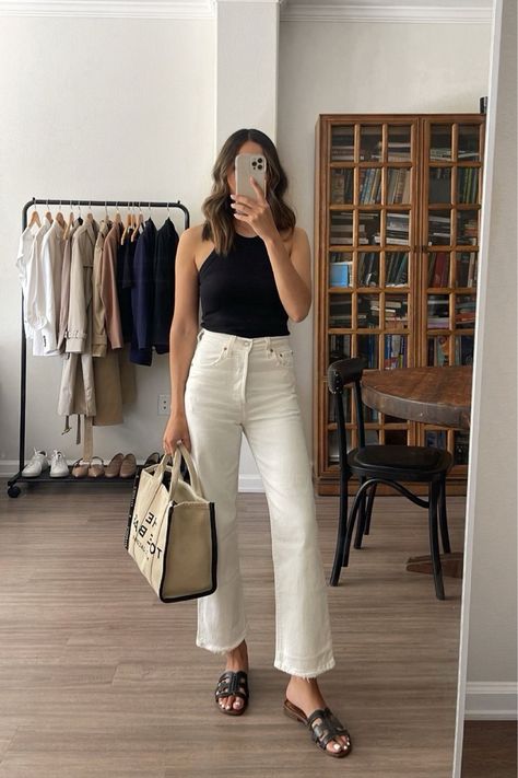 Curved Rib Tank Top curated on LTK White Tank Top Outfit, Jeans Tank Top, Modest Casual Outfits, Rib Tank Top, Mommy Outfits, Elegant Outfit Classy, Mom Jeans Outfit, Beige Outfit, Stylish Work Attire