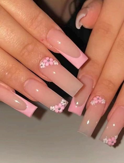 Pink Flower Charm Nails, Nail Inspo Acrylic Coffin Long, Simple Nail Ideas Medium Length, Flower Nails Charms, Classy Flower Nails, Square Acrylic Nails With Flowers, Cute Work Nails, Cute Long Nails With Charms, Long Nail Designs Coffin Bling