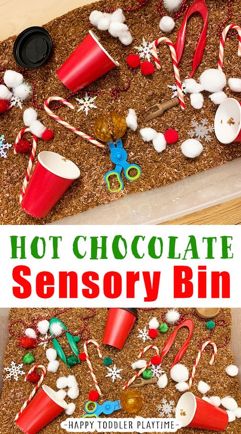 January Sensory Bin Ideas Preschool, Rice Bin Sensory, Winter Sensory Bin Infants, Holiday Themed Sensory Bins, Manners Sensory Bin, Easy Preschool Sensory Bins, Jingle Bell Sensory Bin, Chocolate Sensory Play, Hot Coco Sensory Bins