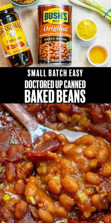 This easy small batch Doctored Up Bush's canned baked beans recipe takes simple canned baked beans to the next level with simple ingredients, and bakes in under 45 minutes! The perfect side dish for your next cookout! Baked Beans For Two, Baked Beans Small Batch, Doctor Up Canned Baked Beans, How To Dress Up Canned Baked Beans, Small Batch Baked Beans, Bush Baked Beans Recipe, Bushs Baked Beans Recipe Easy, Crockpot Baked Beans Canned, Bake Beans Recipe Easy