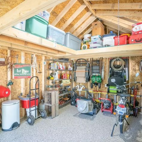 Storage Shed Organization Wall Shelves, Shed Interiors Storage, Diy Shed Organization Ideas, Storage Shed Loft Ideas, Storage Building Shelving Ideas, Shed Organized Storage Ideas, Organize Shed Storage, Maximize Shed Storage, Working Shed Ideas