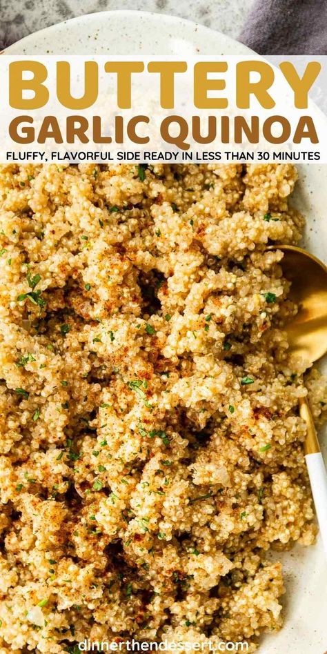 Buttery Garlic Quinoa is an easy, flavorful, fluffy side dish that you can quickly make to serve with any of your favorite main dishes. Quick Quinoa Recipes, Quinoa Recipes Side Dish, Garlic Quinoa, Quinoa Side Dish, Quinoa Recipes Easy, Easy Quinoa, Supper Recipes, Main Course Recipes, Easy Delicious Recipes