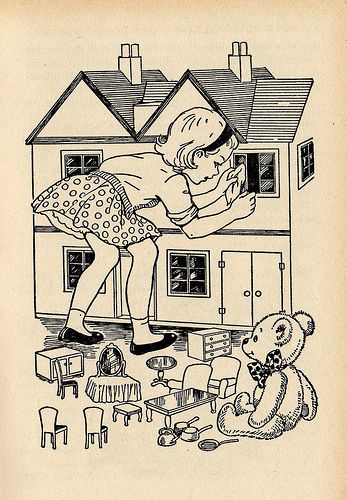 When Ellen cleaned the Dolls House: by Enid Blyton - I have such amazing memories of this book. used to think all my dolls came alive as well!! Enid Blyton, Childhood Books, Vintage Dollhouse, Happy Hours, Images Vintage, House Drawing, Vintage Children's Books, Violinist, Illustration Girl