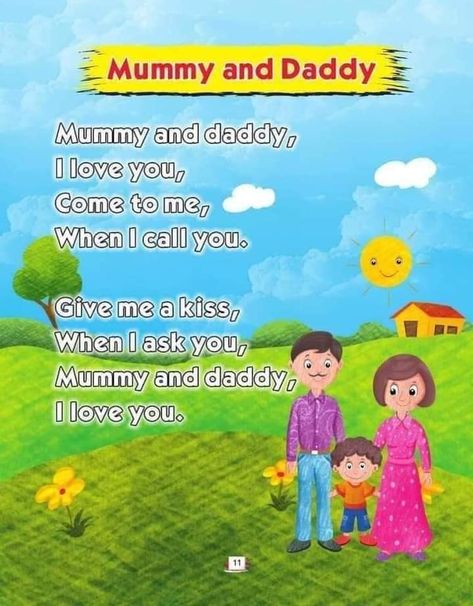 Mummy and daddy kids poem. Kindergarten and preschool poem for kids. homeschooling worksheet Poem Kindergarten, Short Poems For Kids, Poem For Kids, Kindergarten Poems, Preschool Poems, English Poems For Kids, English Rhymes, Rhyming Activities