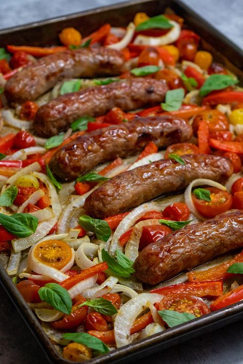 Sausage And Peppers Giada, Sheet Pan Italian Sausage And Veggies, Sides For Sausage And Peppers, Economic Meals, Sheet Pan Sausage And Peppers, Sheet Pan Sausage And Veggies, Peppers Pasta, Cabbage Sausage, Sausage And Peppers Pasta