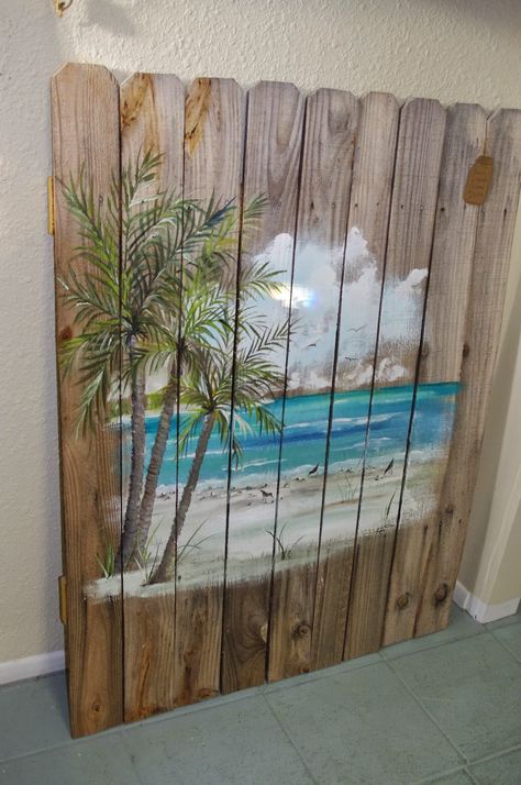 Beach Mural, Garden Fence Art, Cottage Coastal, Fence Art, Beachy Decor, Fence Paint, Pallet Painting, Wooden Fence, Pallet Art