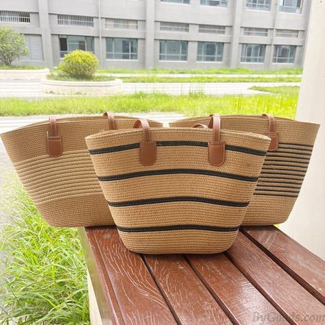 Large Summer Striped Woven Straw Hollow Weaving Purse Rattan Weekender Bags Knit Handle Tote Bag Vacation Beach Boho Handbag Rattan Handbags, Lingerie For Men, Leather Lingerie, Boho Handbags, Straw Tote Bag, Straw Handbags, Woven Handbags, Summer Stripes, Unique Purses