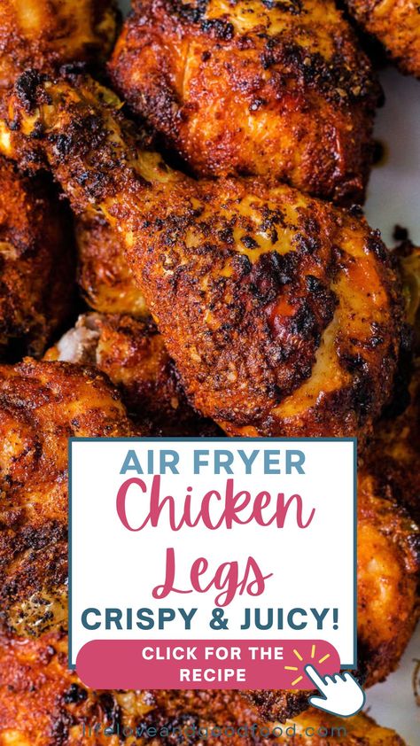 A homemade dry rub dowses these yummy chicken drumsticks with a touch of sweetness and just a hint of heat! Juicy and tender with a crispy coating, these finger-lickin’ good air fryer chicken legs are every bit as delicious as fried chicken — and without all the fuss! Whole Chicken Legs In Air Fryer, Keto Chicken Legs Air Fryer, Air Fry Chicken Legs Bone In, Air Fryer Chicken Legs Bone In Crispy, Airfry Chicken Drumstick Recipes, Air Fryer Chicken Drumsticks Crispy, Air Fryer Chicken Legs Bone In, Drumsticks In Airfryer, Air Fryer Chicken Legs Recipes