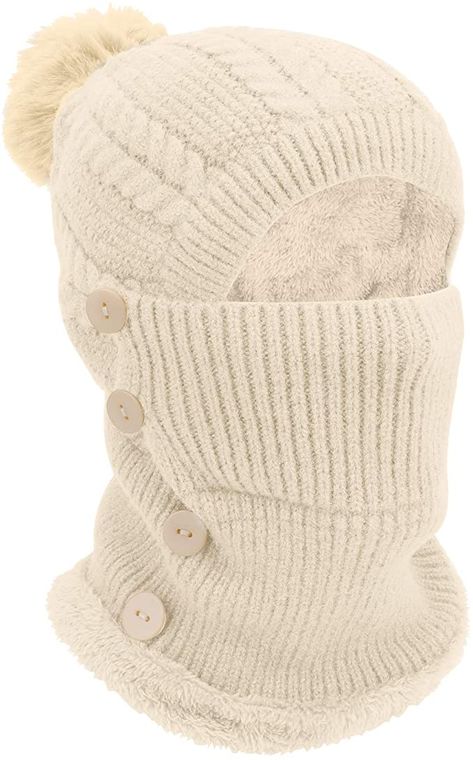 TAGVO Winter Warm Knitted Cap＆Neck＆Face Warmer 3 in 1 Sets,Flexible Knit Beanie Hat with Pompom,Soft Thick Fleece Lined,Women Adjustable Face Mask for Outdoor Sports,Winter Gift Beige : Amazon.co.uk: Clothing Apple Body Shape Outfits, Apple Hat, Apple Body Shapes, Slouchy Beanie Hat, Cowl Pattern, Uk Clothing, Winter Gift, Knit Beanie Hat, Comforters Cozy