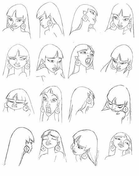 The road girl 2 Expressions Sheet, The Road To El Dorado, Road To El Dorado, Expression Sheet, Cartoon Expression, Female Faces, Character Model Sheet, Model Sheet, 캐릭터 드로잉