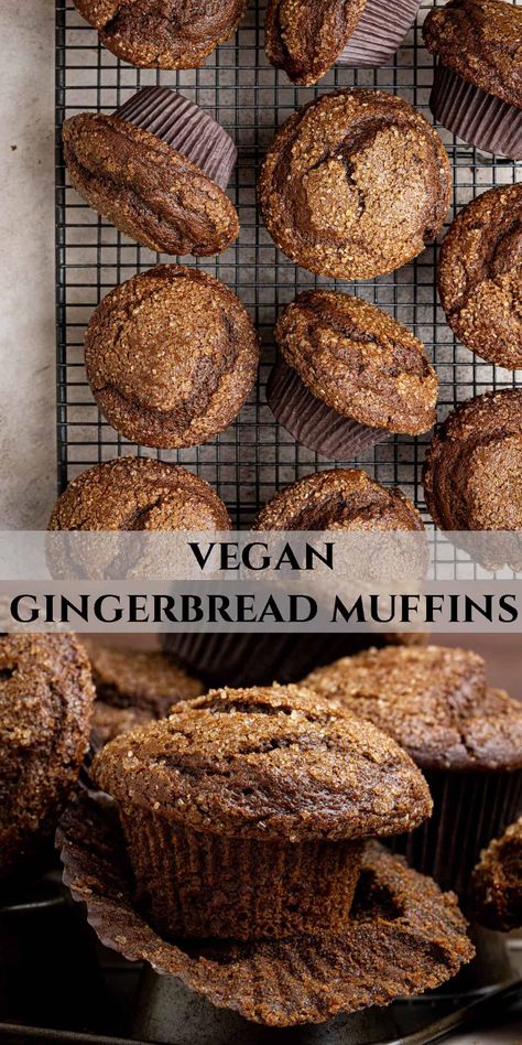 Vegan gingerbread muffins - these easy eggless muffins are super soft, moist and fluffy with a rich spiced treacle (molasses) flavour. They are great any time of year but especially good around bonfire night and Christmas! Vegan Gingerbread Muffins, Vegan Savory Muffins, Vegan Christmas Cupcakes, Christmas Baking Vegan, Vegetarian Winter Recipes, Vegan Christmas Baking, Winter Muffins, Gingerbread Muffins Recipe, Eggless Muffins