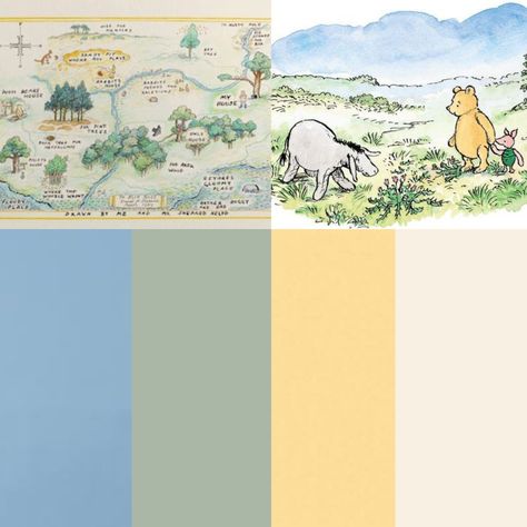 Soft Winnie The Pooh Nursery, Vintage Winnie The Pooh Color Scheme, Old Time Winnie The Pooh Nursery, Winnie The Pooh Palette, Nursery Ideas Color Palettes, Classic Pooh Color Palette, Winnie The Pooh Color Pallet, Vintage Winnie The Pooh Color Palette, Winnie The Pooh Colour Palette