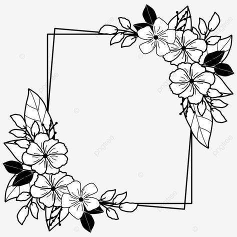 Black Flower Border Design, Frame Border Design Black And White, Black And White Flower Design, Flower Frame Black And White, Assignment Border Ideas, Floral Frame Drawing, Black And White Border Designs, Beautiful Border Designs For Projects, White Square Frame