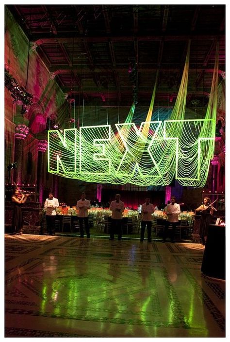 Stage Design // Fluorescent Flagging Tape // David Stark Productions David Stark, Galas Photo, Installation Ideas, Event Lighting, Wayfinding Signage, Event Inspiration, Environmental Design, Environmental Graphics, Light Installation