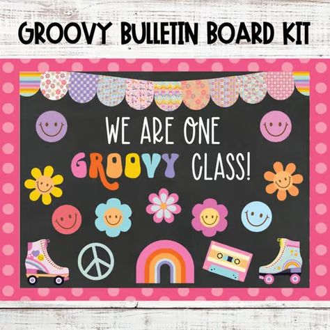 Groovy bulletin board | TPT Groovy Classroom Theme Ideas, Groovy Classroom Door Ideas, Groovy Classroom Theme, Groovy Bulletin Board, Groovy Classroom Decor, School Wide Themes, Groovy Classroom, Groovy Theme, Classroom Aesthetic