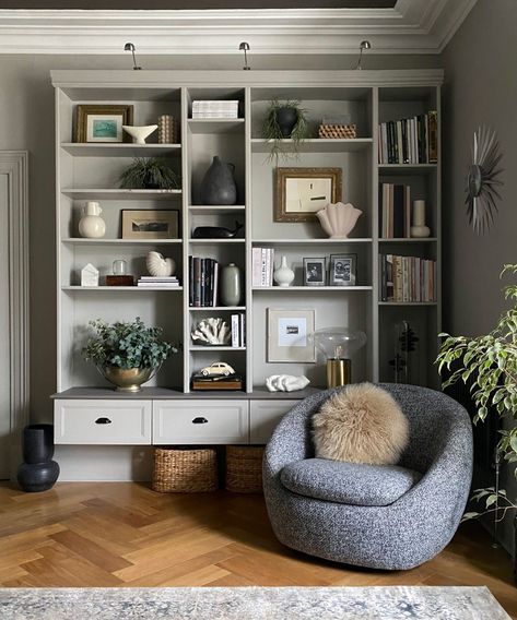 DIY fan shares Billy bookcase IKEA hack - and it is stunning | Real Homes Billy Bookcase Shoe Storage, Bookcase Shoe Storage, Shoe Storage Ikea, Billy Bookcase Ikea, Lounge Fireplace, Bookcase Ikea, Brown Sofas, Bookcase Ideas, Billy Ikea