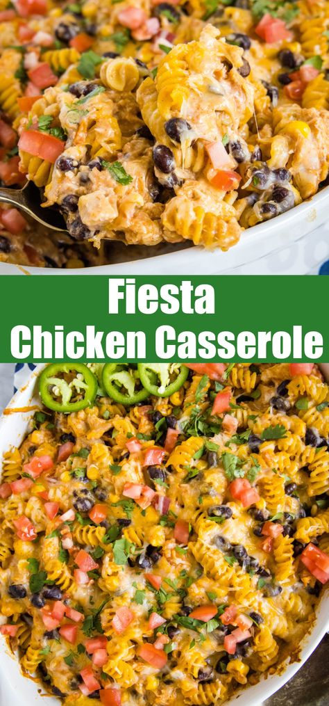 Southwest Chicken Casserole Crockpot, Southwest Chicken Dinner Ideas, Chicken Fiesta Pasta, Chicken Tex Mex Casserole, Mexican Chicken Pasta Bake, Fiesta Chicken Casserole Recipes, Mexican Chicken Noodle Casserole, Mexican Potluck Ideas Main Dish, Mexican Chicken Casserole Crockpot