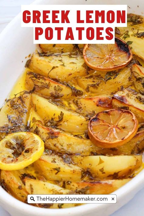 Greek Lemon Potatoes are perfectly roasted in a lemon, oregano, and garlic broth resulting in a tender, flavorful side dish. This easy potato recipe is a delicious side dish that adds a Mediterranean twist to any meal. Greek Lemon Potatoes Instant Pot, Easy Greek Lemon Potatoes, Slow Roasted Greek Lemon Potatoes, Greek Style Potatoes Lemon, Garlic Broth, Greek Roasted Potatoes, Lemon Roasted Potatoes, Greek Lemon Potatoes, Greek Potatoes