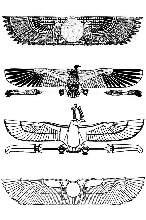 Check out these fourteen black and white line drawings of Egyptian Symbols. You’ll find a Phoenix, a winged sun, the Air supporting the Sky as Earth reclines below, and several more intriguing designs. Egyptian Serpent Tattoo, Egyptian Symbols Drawings, Egyptian Winged Sun Tattoo, Pharonic Symbols, Egyptian Phoenix Tattoo, Eygptain Symbols, Winged Sun Tattoo, Egyptian Art Drawing Symbols, Egyptian Eagle Tattoo