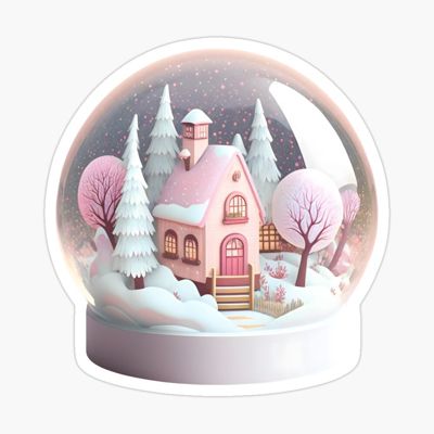 Aesthetic Snow Globe, Cute Christmas Stickers Aesthetic, Cute Snowglobe, Pink Snowglobe, Winter Snowglobe, Pink Aesthetic Cute, Christmas Cottagecore, Cottage Winter, Snow Cabin