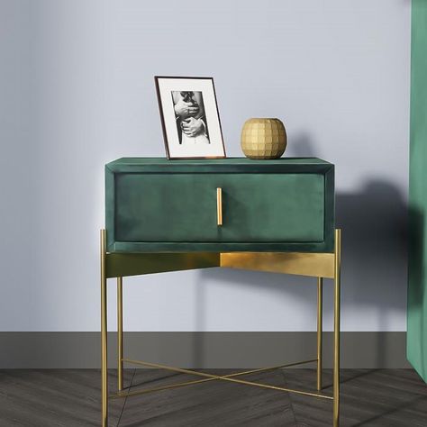 Emerald Green Bedside Table, Upholstered Bedside Table, Emerald And Gold Home Decor, Mid Century Modern Room Decor, Gold And Green Room Decor, Emerald Green Bedroom Decor Inspiration, Sage Green Modern Bedroom, Colorful Bedside Table, Black Gold And Green Bedroom