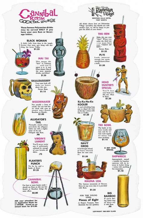 Ren Clark's Polynesian Village Cocktail menu, 1962 Tiki Pop, Tiki Culture, Tiki Drink, Severed Head, Bar A Bonbon, Menue Design, Tiki Style, Tiki Mugs, Polynesian Village