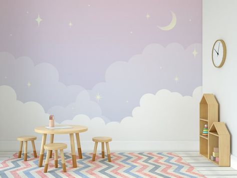 Nursery Wallpaper Mural Pastel Purple Night Sky Mural Easy - Etsy Australia Pastel, Lavender Clouds Wallpaper, Night Sky Nursery Girl, Nursery Murals Painted, Pastel Blue Room, Purple Nursery Room, Baby Room Mural Ideas, Girl Nursery Mural, Sky Nursery Theme