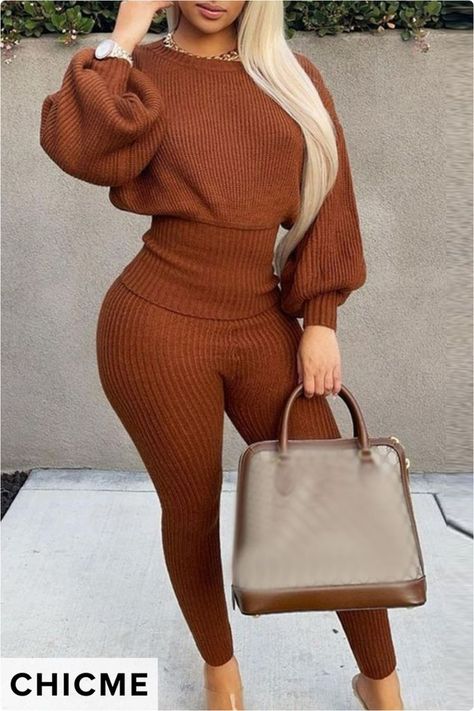 ChicMe New Arrival FW tops👏 From 30% off whole site #falloutfits #fall outfits 2022 #fall outfits women #fall fits #casual fall outfits Brown Two Piece, Knit Suits, Brown Autumn, Batwing Sleeve Top, Lantern Sleeve Top, Two Piece Outfits, Two Piece Pants Set, Warm Red, Top Pants Set