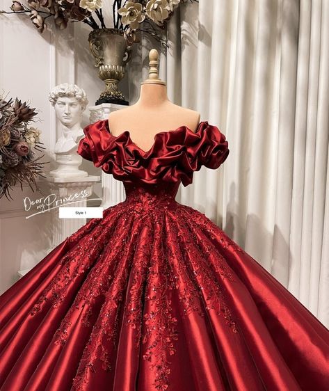 Cherry Red Princess off the Shoulder Satin Ball Gown - Etsy Red Satin Ball Gown, Red Ball Gown Prom Dress, Red Wedding Dress Ballgown, Red Debut Gown, Red Gown Ball, Red Princess Gown, Dark Red Quinceanera Dresses, Red Ballgown, Red Princess Dress