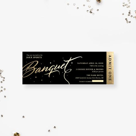 Make a statement and leave your guests in awe with this elegant banquet ticket. This elegant black and gold ticket is perfect for making your special event look luxurious. This ticket features intricate gold typography on a modern black background. This ticket invitation is suitable for banquets, dinner parties, galas and similar work functions.The card reads: Banquet (This text can be edited to suit your event)Please note the gold is not real. It is digitally printed. The tickets are 2.5’’ x 7’ Gala Ticket Design, Black Gold Event Decor, Black And Gold Dinner Party, Gold Dinner Party, Childcare Facility, Prom Tickets, Gold Ticket, Black And Gold Party Decorations, Raffle Tickets Template