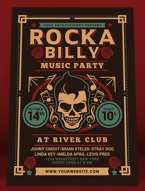 Rockabilly Music Party Flyer Template PSD Rockabilly Party, Rockabilly Music, Music Flyer, Mardi Gras Carnival, Music Party, Old Music, Vintage Rock, About Time Movie, Jazz Music