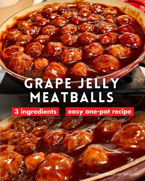 Grape Jelly Meatballs | 3-Ingredient Recipe | One-Pot Dish | Grape Jelly and Barbecue Meatballs | Easy Dinner Recipe | Simple Party Appetizer via @diyjoycrafts Party Meatballs Grape Jelly, Grape Meatballs, Grape Jelly Chili Sauce, Jelly Meatball Recipe, Grape Jelly Meatballs Recipe, Barbecue Meatballs, Jelly Meatballs, Grape Jelly Meatballs, Appetizer Meatballs