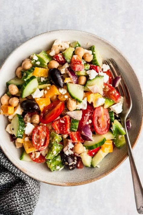 The Easiest Chopped Greek Chickpea Salad | Ambitious Kitchen | Bloglovin’ Feta Cucumber, Chickpea Salad Recipe, Greek Chickpea Salad, Greek Chickpeas, Mediterranean Flavors, Chickpea Salad Recipes, Ambitious Kitchen, Salad Recipes Video, Greek Salad Recipes