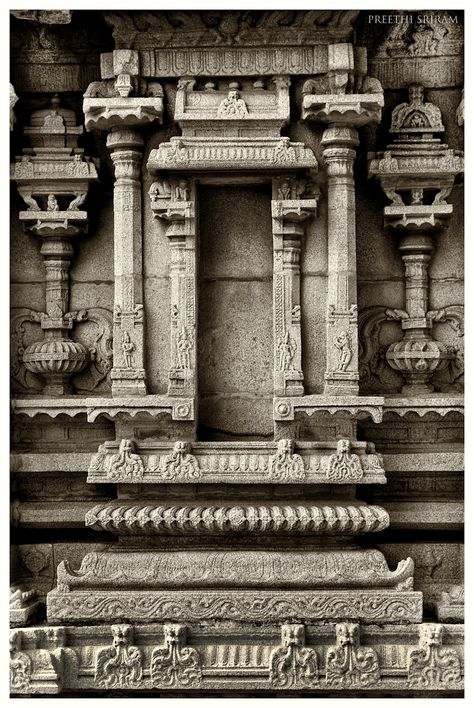 The temple has a sprawling lawn on its northern side. There are two huge gateways that give access to the temple compound. The interior of the temple has ornately sculpted columns. An empty pedestal with three holes signifies that the temple once had idols of Rama, Lakshmana and Sita. There is a smaller shrine inside the temple complex with similar epic wall carvings. Temple Inside Design, Temple Wall Background, Temple Wall Design, Rama Lakshmana, Temple Background, Resort Hotel Design, Vijayanagara Empire, Elevation Details, Krishna Birth