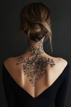 Back And Neck Tattoos For Women, Back Shoulder Neck Tattoo, Floral Shoulder Neck Tattoo, Neck And Back Tattoos For Women, Back Of Neck And Shoulder Tattoo, Floral Back Tattoos For Women, Feminine Upper Back Tattoos, Tattoo Back Of Neck Women, Feminine Back Of Neck Tattoos