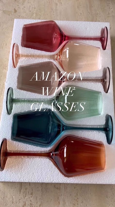 Colorful Kitchen Organization, Wine Glasses Colored, Cute Glassware Set, Colored Glass Home Decor, Kitchen Dishes Ideas, Unique Glassware Modern, Glassware Packaging Design, Amazon Wine Glasses, Eclectic Organic Modern Decor