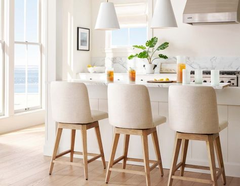 Coastal Whites Comfy Barstools In Kitchen, Natural Wood Counter Stools, Kitchen Counter Stools With Backs Swivel, Counter Bar Stools With Backs, Light Wood Bar Stools, Organic Modern Counter Stool, Bar Stools For White Kitchen, White Kitchen Bar Stool Ideas, Leather Counter Stools With Backs