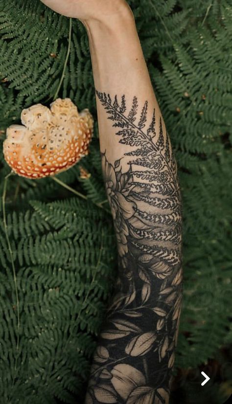 Men Forest Tattoo, Black Foliage Tattoo, Fern Tattoo Cover Up, Black Work Nature Tattoo, Botanical Nature Tattoo Sleeve, Botanical Arm Sleeve Tattoo, Forest Plant Tattoo, Nature Tattoo Back Piece, Negative Space Fern Tattoo