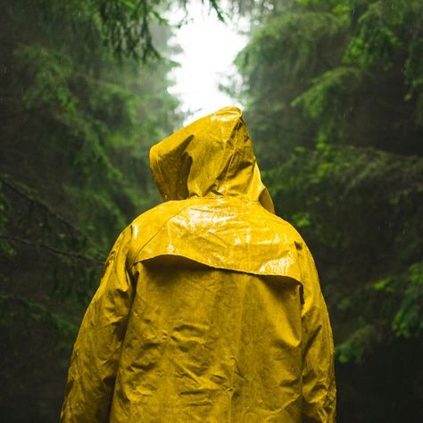 Rear View Of Man Wearing Yellow Raincoat In Forest During Rain What Is Resilience, Raincoat Men, The Better Man Project, Yellow Raincoat, Rain Gear, Grey Skies, Weather Forecast, Rain Wear, Waterproof Boots