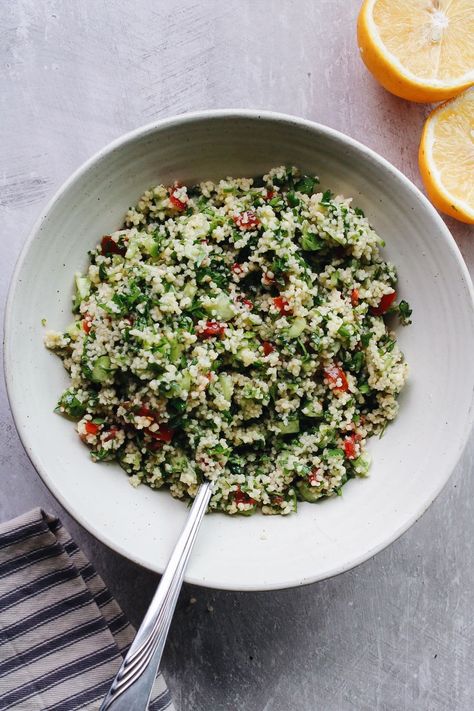 Couscous Tabbouleh Salad Recipe (Quick + Vegetarian) - The Fig Jar What To Make With Couscous, Meals With Couscous, Couscous Tabbouleh, Tabbouleh Salad Recipe, Tabbouleh Recipe, Tabbouleh Salad, Couscous Recipes, Couscous Salad, Cous Cous