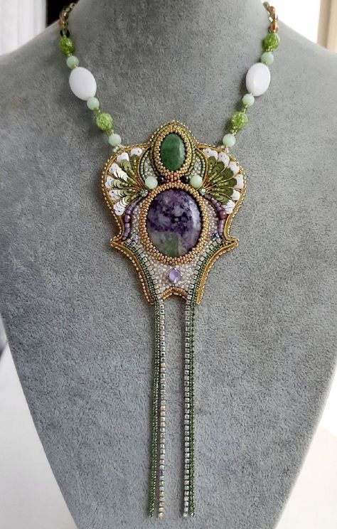 Bead Embroidered Pendant, Embroidered Pendant, Glamorous Jewelry, Deco Beads, Abstract Jewelry, Beadwork Embroidery, Embroidered Necklace, Beaded Necklace Designs, Beautiful Beadwork