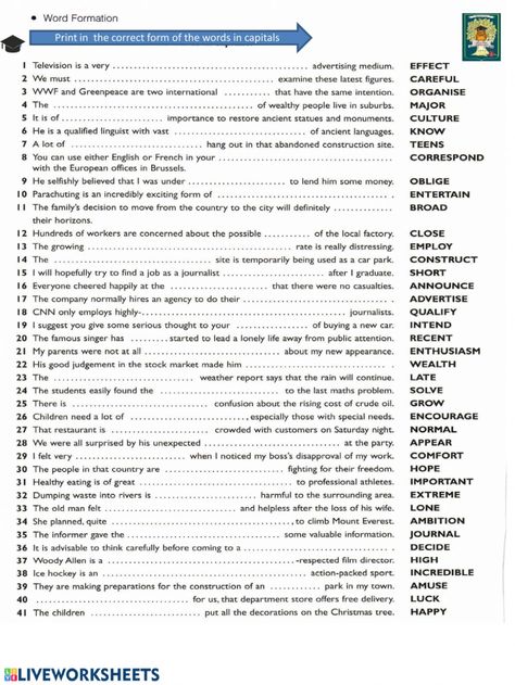 Word Formation online worksheet for Grade 11. You can do the exercises online or download the worksheet as pdf. Word Formation Exercises, Advanced Grammar Worksheet, Word Formation Worksheets, 11 Worksheet, Sequencing Words, English Grammar Test, Word Formation, Vocabulary Exercises, English Stories For Kids