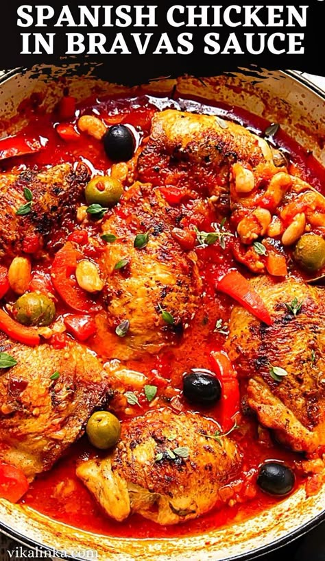 Try my Spanish Chicken recipe and add a touch of Mediterranean flare to your dinners! Spanish paprika flavoured chicken thighs are braised in a rich and tangy tomato sauce along with white beans and olives. Serve with rice and a simple salad. Chicken Casatorie Recipes, Medditeranean Chicken Thigh Recipes, Spain Chicken Recipes, Baked Chicken With Red Sauce, Spain Dishes Recipes, Chicken With Beans Recipes, Chicken Spanish Recipes, Spanish Whole Chicken Recipes, Spanish Chicken Casserole