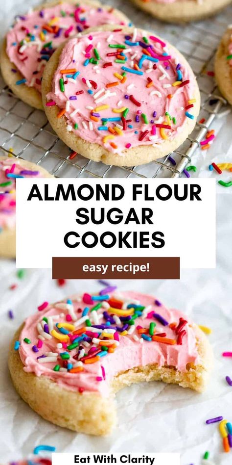 These almond flour sugar cookies are easy to make, healthy and topped with frosting. These gluten free cutout sugar cookies are the perfect dessert recipe and can be made dairy free! These cookies are chewy and easy to make. Gluten Free Cutout Sugar Cookies, Almond Flour Sugar Cookies, Paleo Sugar Cookies, Dairy Free Sugar Cookies, Almond Flour Desserts, Almond Flour Recipes Cookies, Lofthouse Cookies, Dairy Free Frosting, Dairy Free Pasta