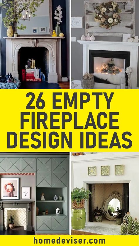 26 Creative Empty Fireplace Design Ideas! Embrace the warmth of a rustic aesthetic with these 26 captivating empty fireplace design ideas. Explore cozy decor and timeless inspiration for your home. #RusticDecor #FireplaceInspo Capped Fireplace Ideas, Old Fireplace Ideas Living Room, Out Of Use Fireplace Ideas, Covering Old Fireplace, Converted Fireplace Ideas, Non Fireplace Mantle Ideas, Repurposed Fireplace Ideas, Around The Fireplace Decor, Decorations Around Fireplace